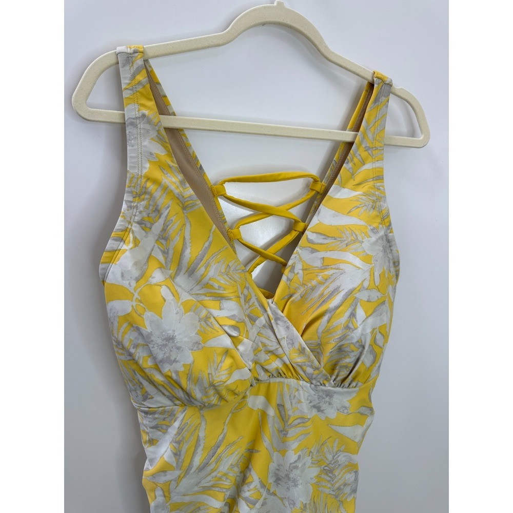 Cacique Swim One Piece Swimsuit Yellow Floral Lace Up Back Ruched Plus Size 20 - Picture 3 of 11
